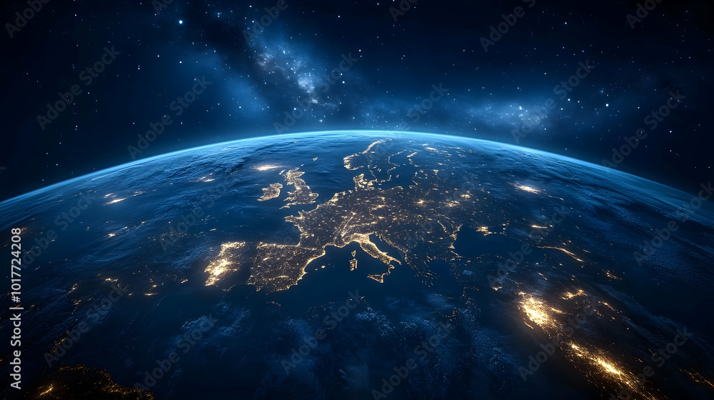 Fototapeta premium A Nighttime View of Earth From Space Featuring the European Continent with Glowing Cities and a Starry Sky