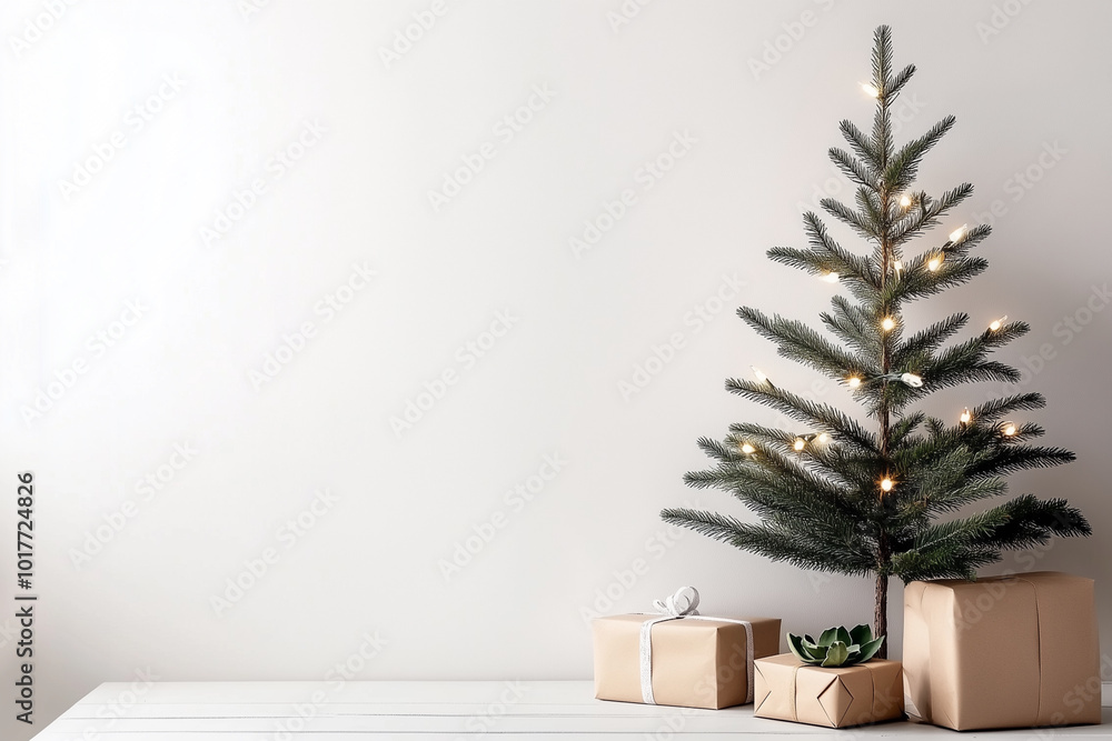 beautifully decorated Christmas tree stands beside wrapped gifts, creating warm and festive atmosphere perfect for holiday season. beautifully decorated Christmas tree stands beside wrapped gifts, creating warm and festive atmosphere perfect for holiday season.