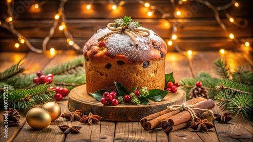 Festively baked homemade panettone sits on a rustic wooden table, exuding warmth and holiday spirit, perfect for sharing during Christmas gatherings with loved ones.