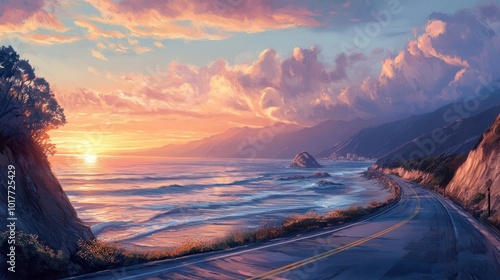 Scenic coastal roadview at sunset highlighting vibrant colors and serene atmosphere photo