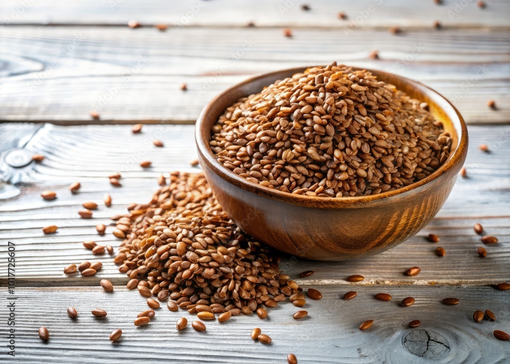Fresh linen seeds displayed in a bowl on a rustic white wooden background, embodying healthy eating and celebrating the goodness of natural ingredients. Fresh linen seeds displayed in a bowl on a rustic white wooden background, embodying healthy eating and celebrating the goodness of natural ingredients.