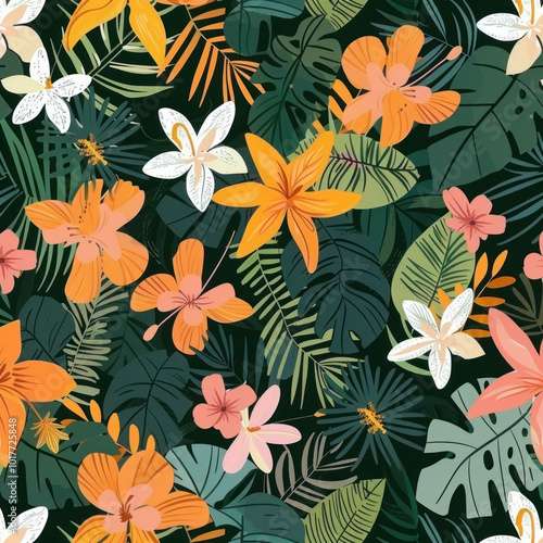 Tropical seamless pattern with colorful flowers and leaves on a white background.