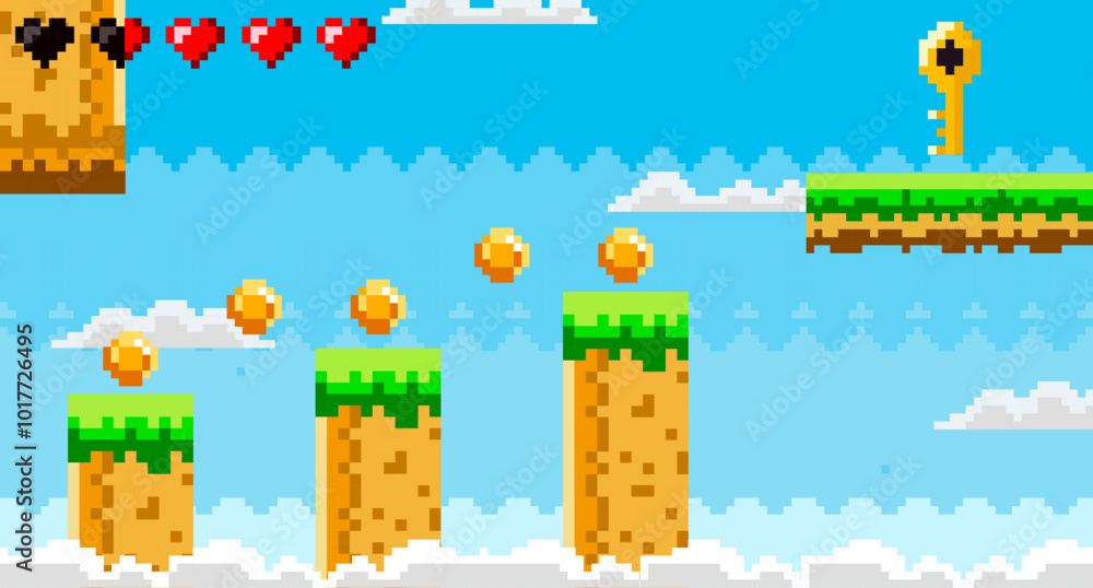 Naklejka premium Brightly colored pixelated sky background with clouds platforms coins and a key. Ideal for retro video games nostalgia digital art pixel art design adventure games. Features clouds hearts and a blue