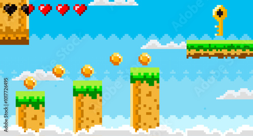 Brightly colored pixelated sky background with clouds platforms coins and a key. Ideal for retro video games nostalgia digital art pixel art design adventure games. Features clouds hearts and a blue