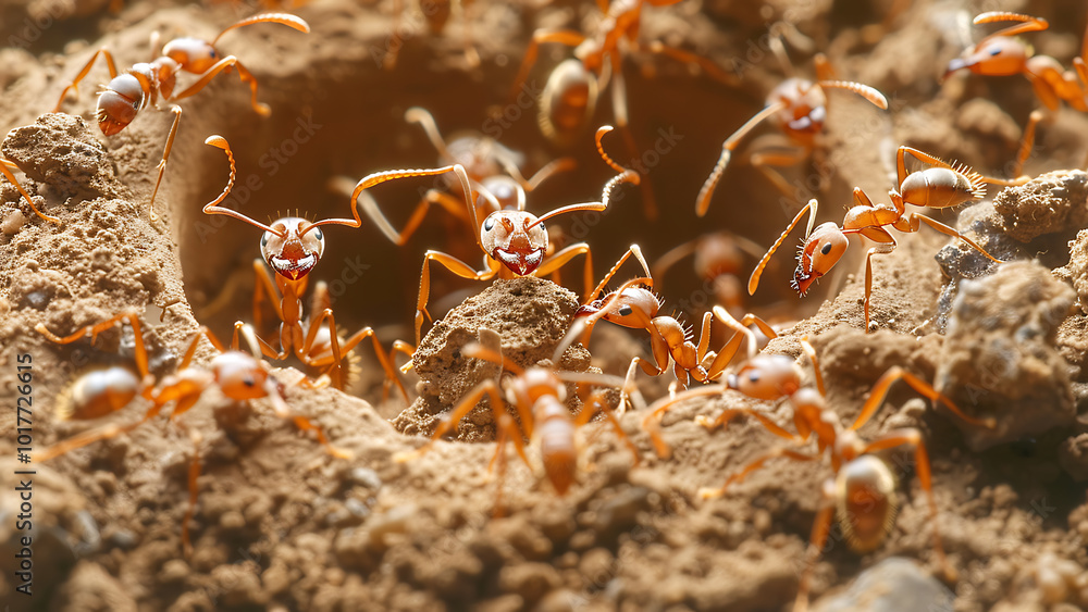 Ants building a nest in the sand with teamwork in focus