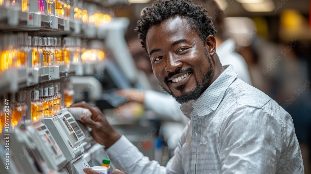A smiling man interacts with a machine in a busy environment, showcasing a friendly atmosphere. A smiling man interacts with a machine in a busy environment, showcasing a friendly atmosphere.