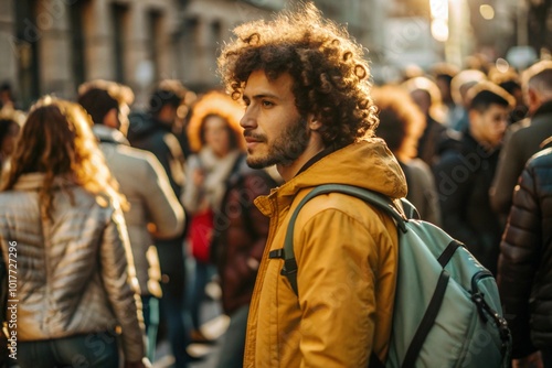 Portrait of a curly-haired mulatto traveler in a yellow jacket and with a backpack in the city. Traveling alone is a lifestyle. A young tourist is enjoying his autumn vacation.