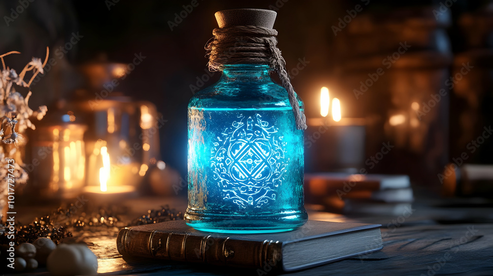 A Glowing Blue Potion Bottle with Ornate Symbolism Rests Upon an Aged Book in a Dimly Lit Room. A Glowing Blue Potion Bottle with Ornate Symbolism Rests Upon an Aged Book in a Dimly Lit Room.