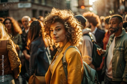 Portrait of a curly-haired beautiful mulatto traveler in a yellow jacket and with a backpack in the city. Traveling alone is a lifestyle. A young tourist is enjoying his autumn vacation.