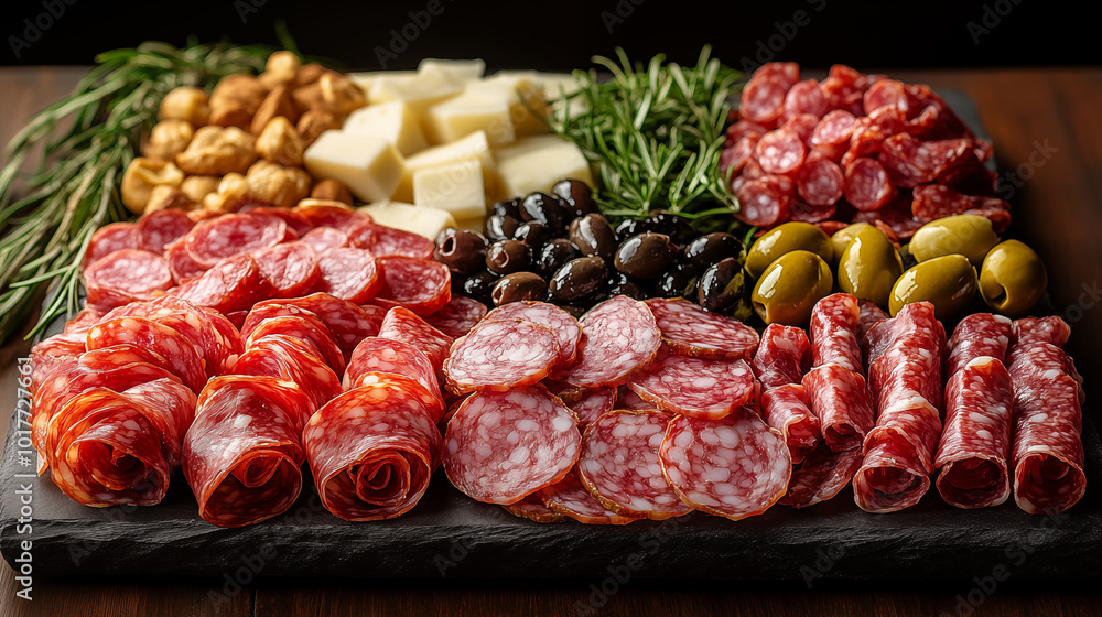 Assortment of sausages with cheese, olives and rosemary on a wooden table Assortment of sausages with cheese, olives and rosemary on a wooden table