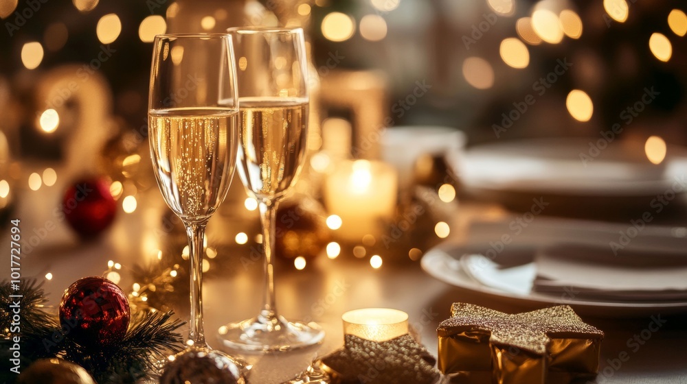 Sparkling celebration with champagne glasses surrounded by festive decorations and warm candlelight during a holiday gathering Sparkling celebration with champagne glasses surrounded by festive decorations and warm candlelight during a holiday gathering