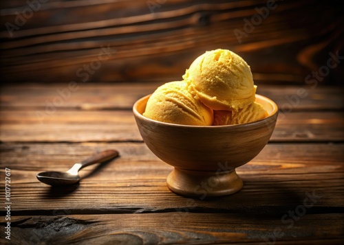 Indulge in dreamy low light photography, highlighting a creamy yellow ice cream scoop. Soft focus captures its delightful charm, perfect for dessert lovers everywhere.