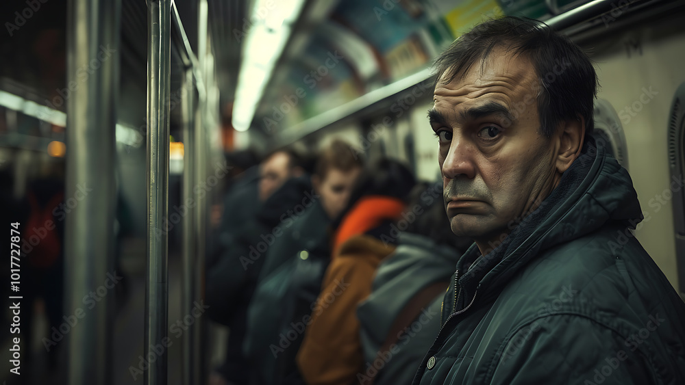 Man staring thoughtfully in a crowded subway scene