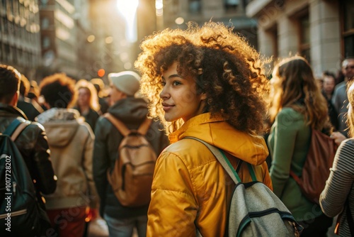 Portrait of a curly-haired beautiful mulatto traveler in a yellow jacket and with a backpack in the city. Traveling alone is a lifestyle. A young tourist is enjoying his autumn vacation. photo