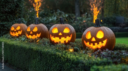 Halloween themed illuminated pumpkins with hedges in the foreground