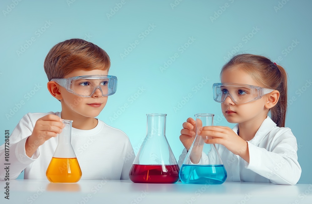 Two children in lab coats conducting an experiment with colorful liquids in glass beakers, wearing safety goggles for protection. Two children in lab coats conducting an experiment with colorful liquids in glass beakers, wearing safety goggles for protection.