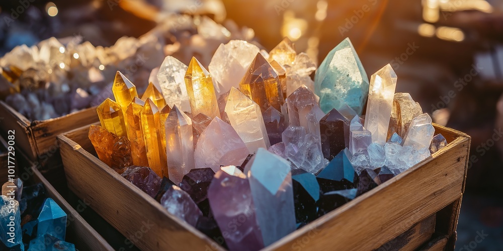 A wooden box filled with a variety of colored crystals. The box is placed on a table, and the crystals are arranged in a way that they are visible from all angles A wooden box filled with a variety of colored crystals. The box is placed on a table, and the crystals are arranged in a way that they are visible from all angles