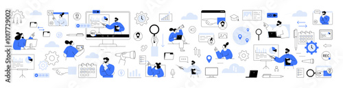 Virtual collaboration, video conferencing, remote project management. Team members collaborate projects presentation screens. Business marketing strategies, team management, project planning, and data