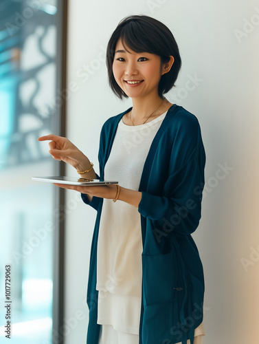 An Asian woman in a blue t-...