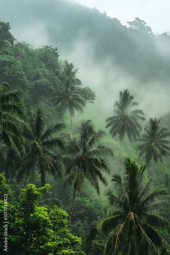 A lush green forest with a misty, foggy atmosphere. The trees are tall and leafy, and the sky is cloudy A lush green forest with a misty, foggy atmosphere. The trees are tall and leafy, and the sky is cloudy