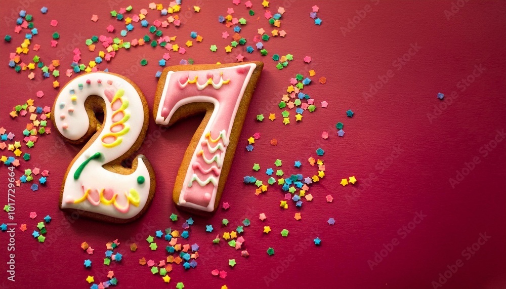 Decorated cookie, number 27, image for birthday or anniversary celebration Decorated cookie, number 27, image for birthday or anniversary celebration