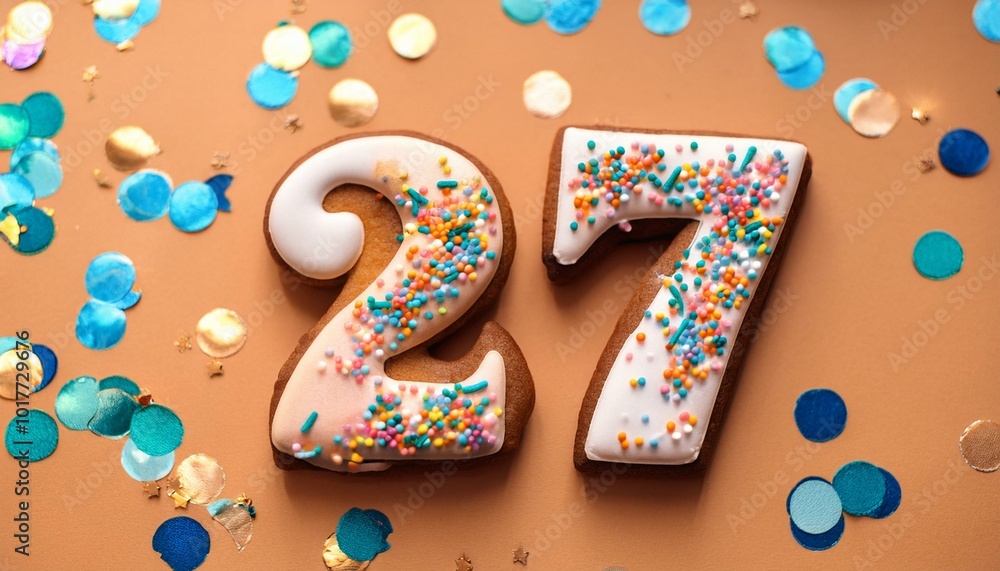 Decorated cookie, number 27, image for birthday or anniversary celebration Decorated cookie, number 27, image for birthday or anniversary celebration