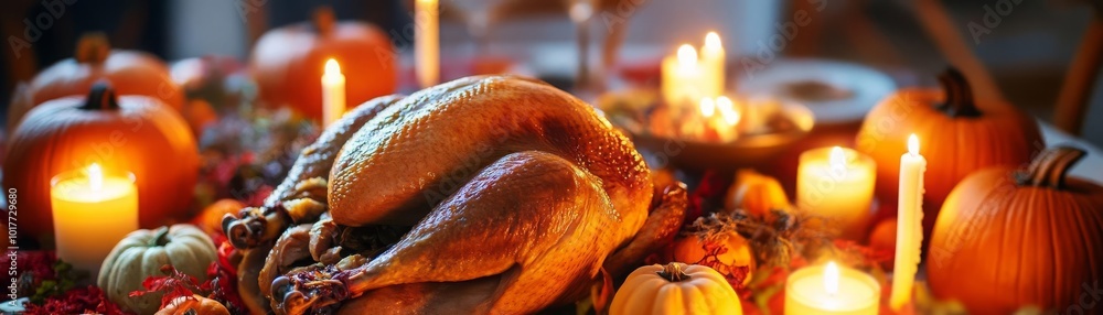 A Thanksgiving dinner table with a roasted turkey and pumpkins as decorations, glowing candles, soft rustic tones A Thanksgiving dinner table with a roasted turkey and pumpkins as decorations, glowing candles, soft rustic tones