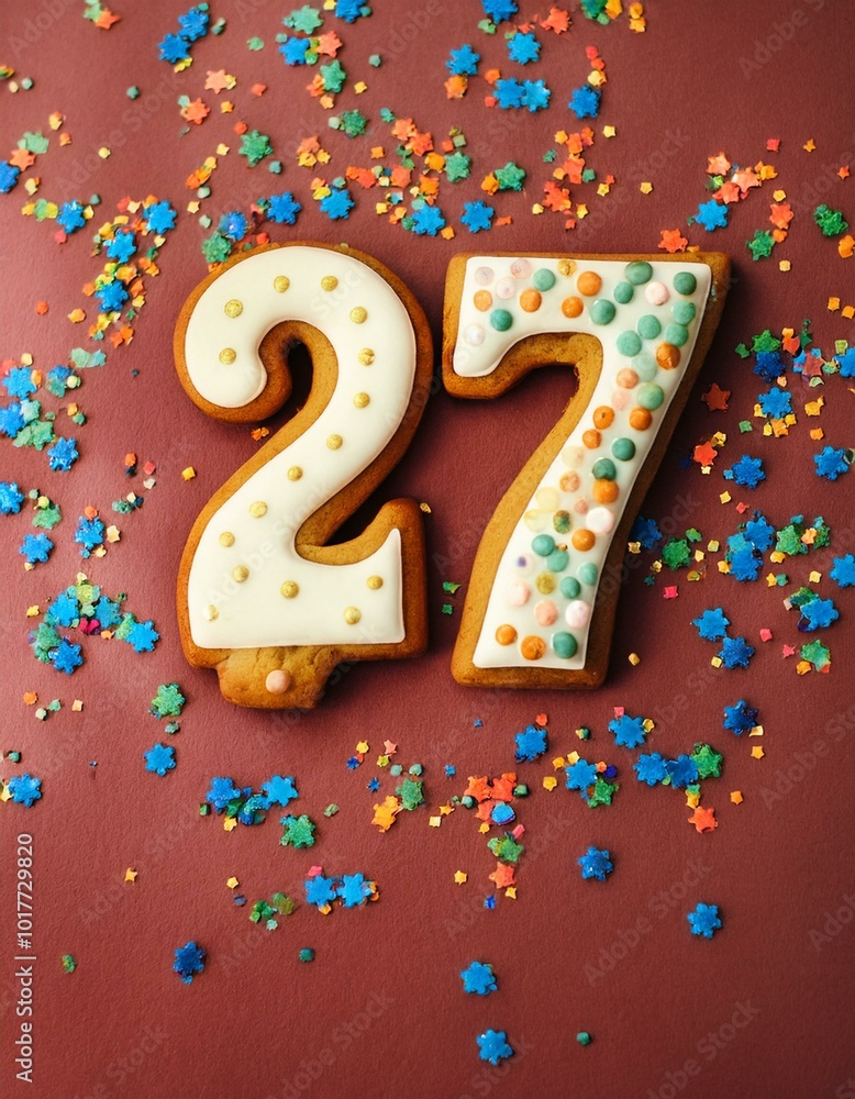 Decorated cookie, number 27, image for birthday or anniversary celebration Decorated cookie, number 27, image for birthday or anniversary celebration