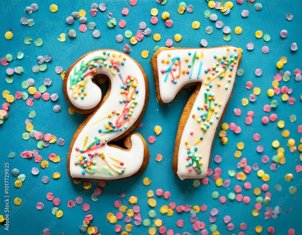 Decorated cookie, number 27, image for birthday or anniversary celebration Decorated cookie, number 27, image for birthday or anniversary celebration