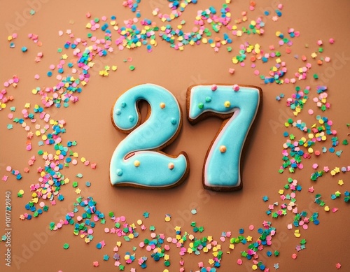 Decorated cookie, number 27, image for birthday or anniversary celebration photo