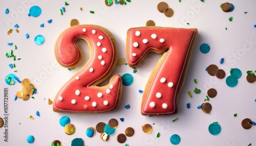 Decorated cookie, number 27, image for birthday or anniversary celebration