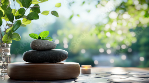 Serene massage stones with small green plant on wooden base, surrounded by tranquil natural setting. soft bokeh effect creates calming atmosphere, perfect for relaxation