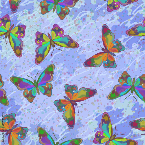 Seamless Pattern, Exotic Colorful Butterflies on Tile Background. Vector