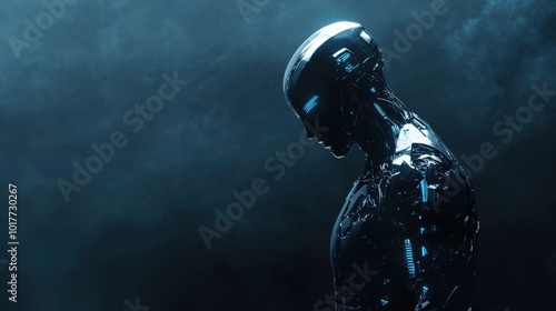 Futuristic Metallic Robot Silhouette in Mysterious Digital Landscape