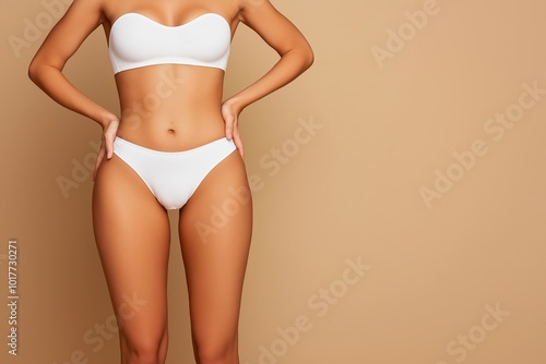 Model in white bikini on beige background. Focus on fashion, swimwear, and body positivity. Ideal for summer, style, and beauty concepts.