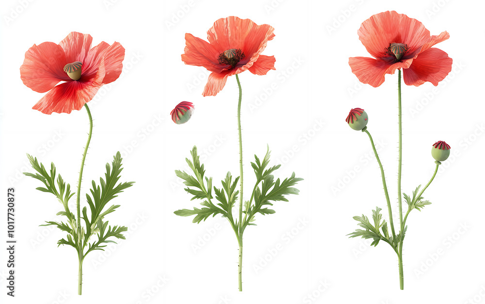 Obraz premium Three poppy flowers in various stages of bloom, from bud to full bloom, isolated on a white background.