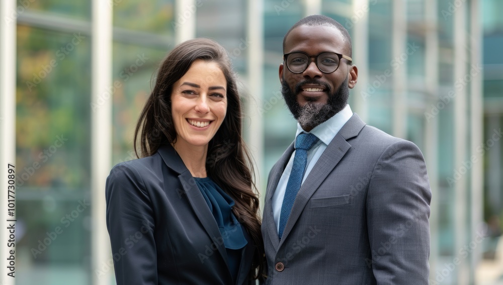 Two business diverse people, wearing professional attire smiling at the camera, Professional Business Portraits of Two Colleagues, Business Team Portrait in Urban Setting Two business diverse people, wearing professional attire smiling at the camera, Professional Business Portraits of Two Colleagues, Business Team Portrait in Urban Setting