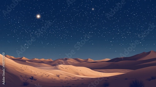 A starry night sky over a quiet desert landscape with the sand dunes softly illuminated by moonlight and the stars shining brightly overhead