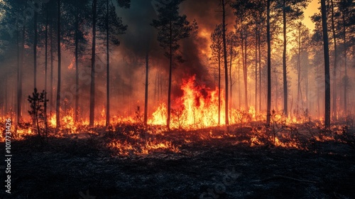 A wildfire raging through a dry forest smoke billowing into the air and trees burning in a vivid display of the destructive power of climate change