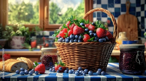 Wallpaper Mural A basket overflowing with ripe strawberries and blueberries, placed on a kitchen counter with jars of homemade jam and bread nearby Torontodigital.ca