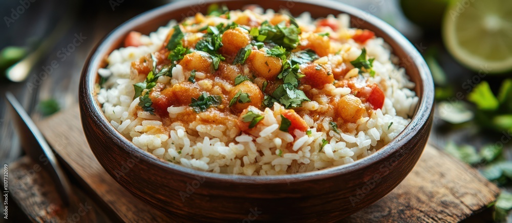 Close-up of a bowl of white rice topped with a chickpea and tomato curry. Close-up of a bowl of white rice topped with a chickpea and tomato curry.