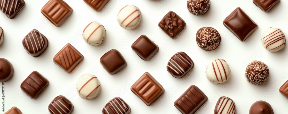 Assorted gourmet chocolates arranged in a grid on white background Assorted gourmet chocolates arranged in a grid on white background