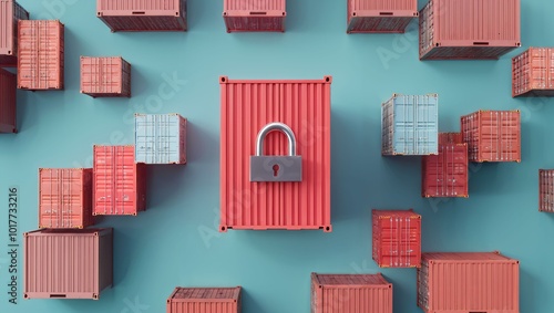 A Bold Visual Representation of Security: The Centralized Locked Container Amidst a Sea of Shipping Containers, Symbolizing Safety in Logistics and Trade Dynamics. photo