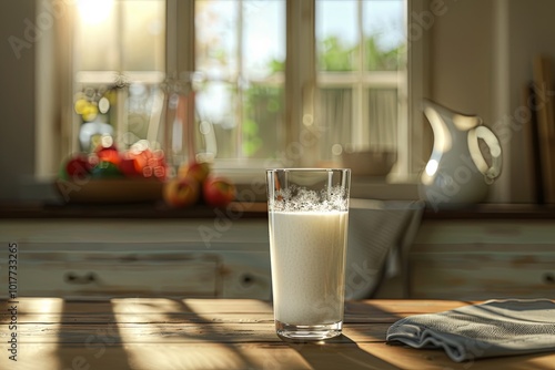 Fresh milk sits in a tall glass on a rustic wooden table, surrounded by natural light and kitchen decor in a cozy home environment. Generative AI photo