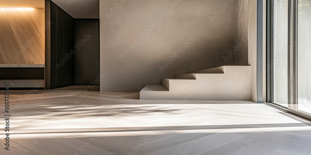 Modern minimalist interior with light wood flooring and simple staircase in a spacious room Modern minimalist interior with light wood flooring and simple staircase in a spacious room