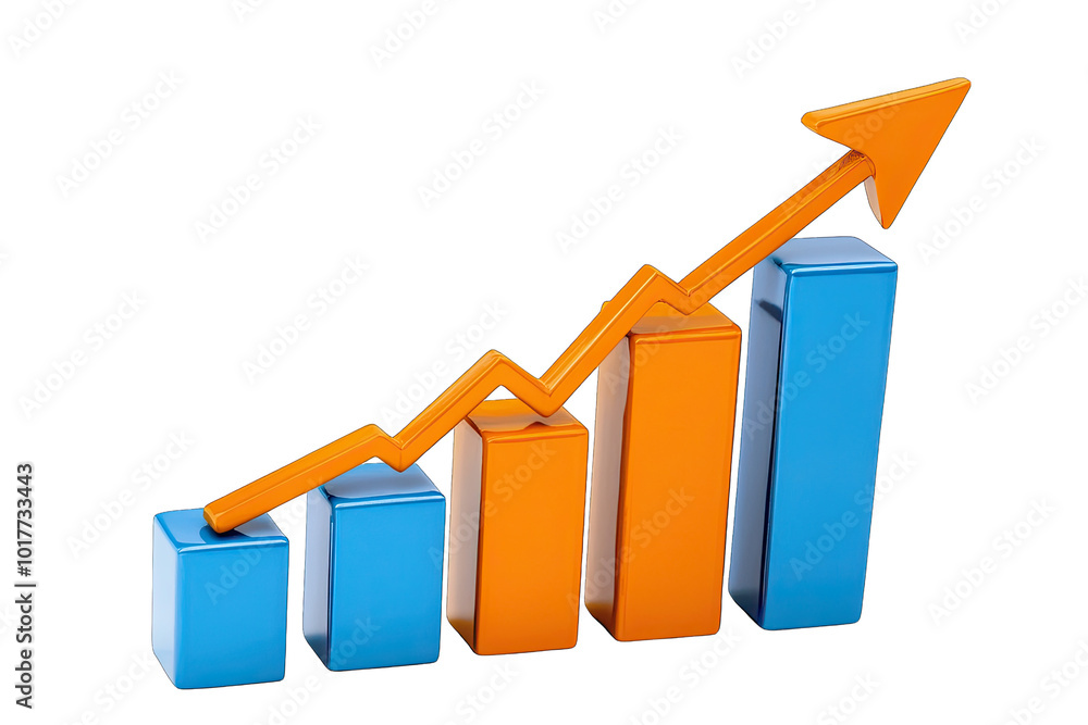 3D blue bar chart with rising orange arrow for growth concept 3D blue bar chart with rising orange arrow for growth concept