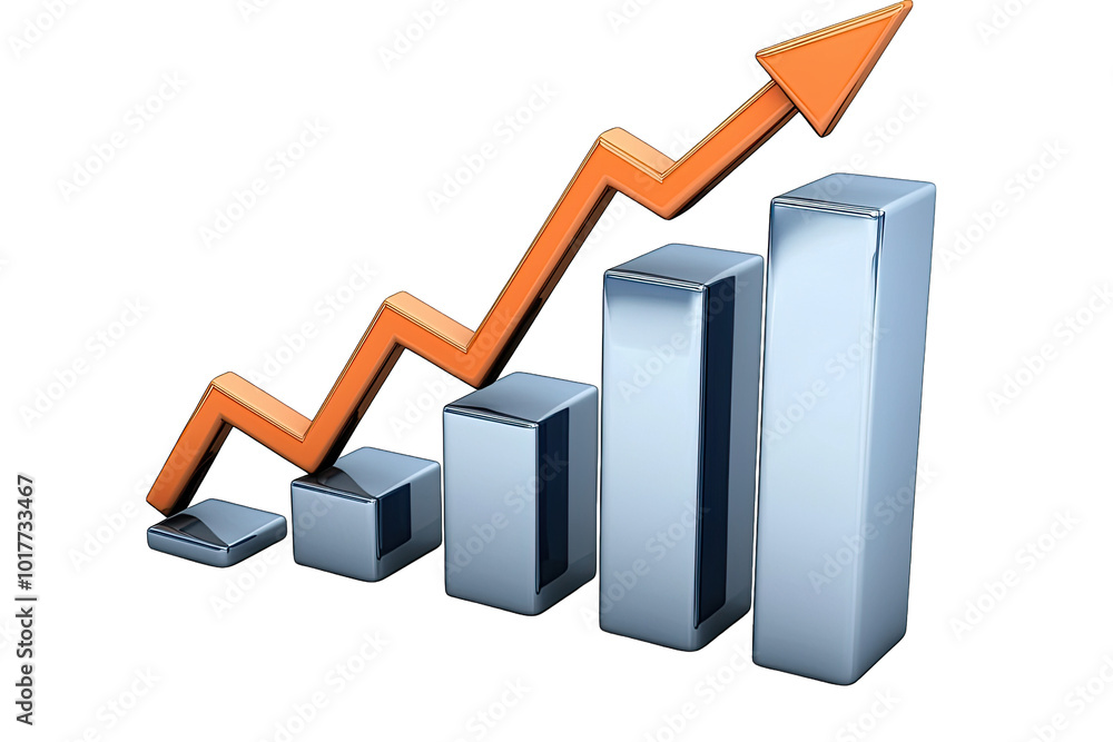 3D blue bar chart with rising orange arrow for growth concept 3D blue bar chart with rising orange arrow for growth concept