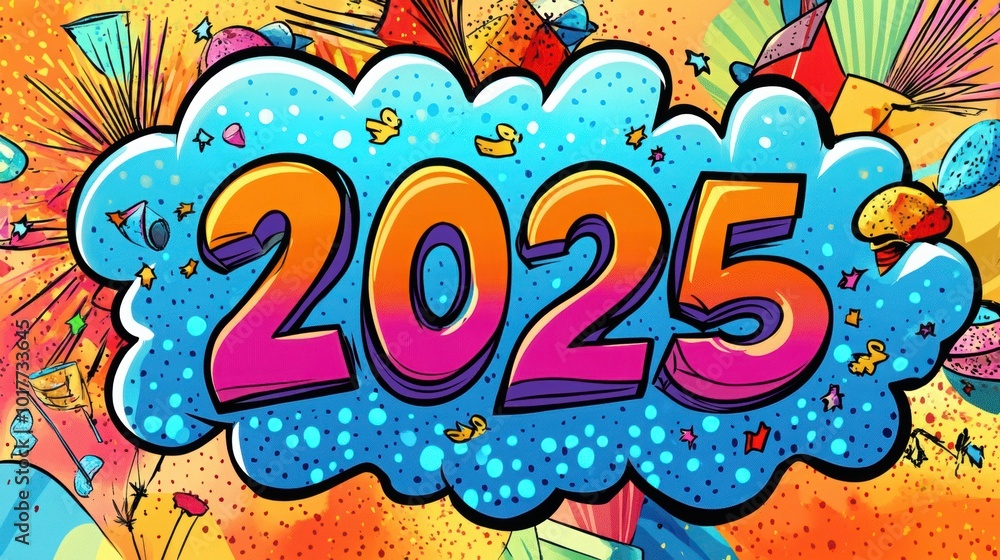 Banner New Year 2025 in pop art and comics book style. Banner New Year 2025 in pop art and comics book style.