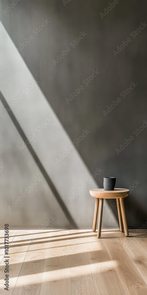 Natural light casts shadows on minimalist interior with a plant on a wooden table Natural light casts shadows on minimalist interior with a plant on a wooden table