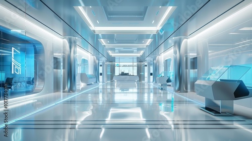 Fototapeta Naklejka Na Ścianę i Meble -  Digital Oasis CuttingEdge Bank Interior with Futuristic Technology and Privacy Screens